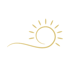 A golden line forming a spiral, and wavy, gently arching line. Several small lines form sun-like rays above the spiral.